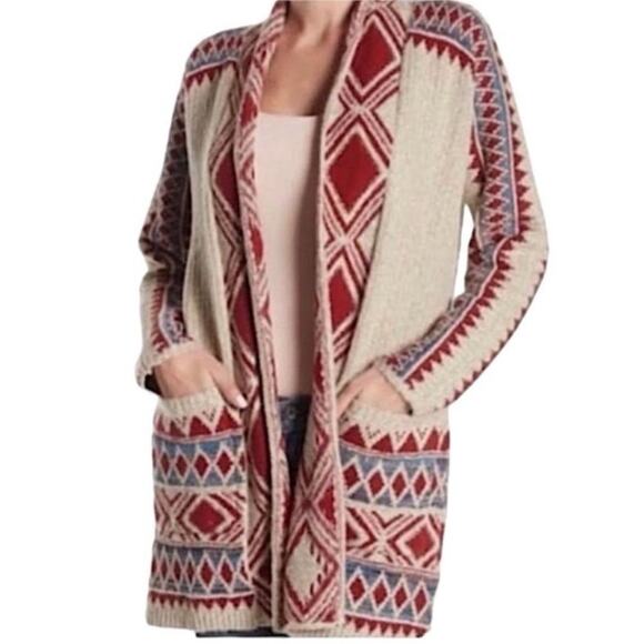 Lucky Brand Aztec Drape Wrap Cardigan Sweater Small Red Beige Tribal Pockets - Picture 13 of 13